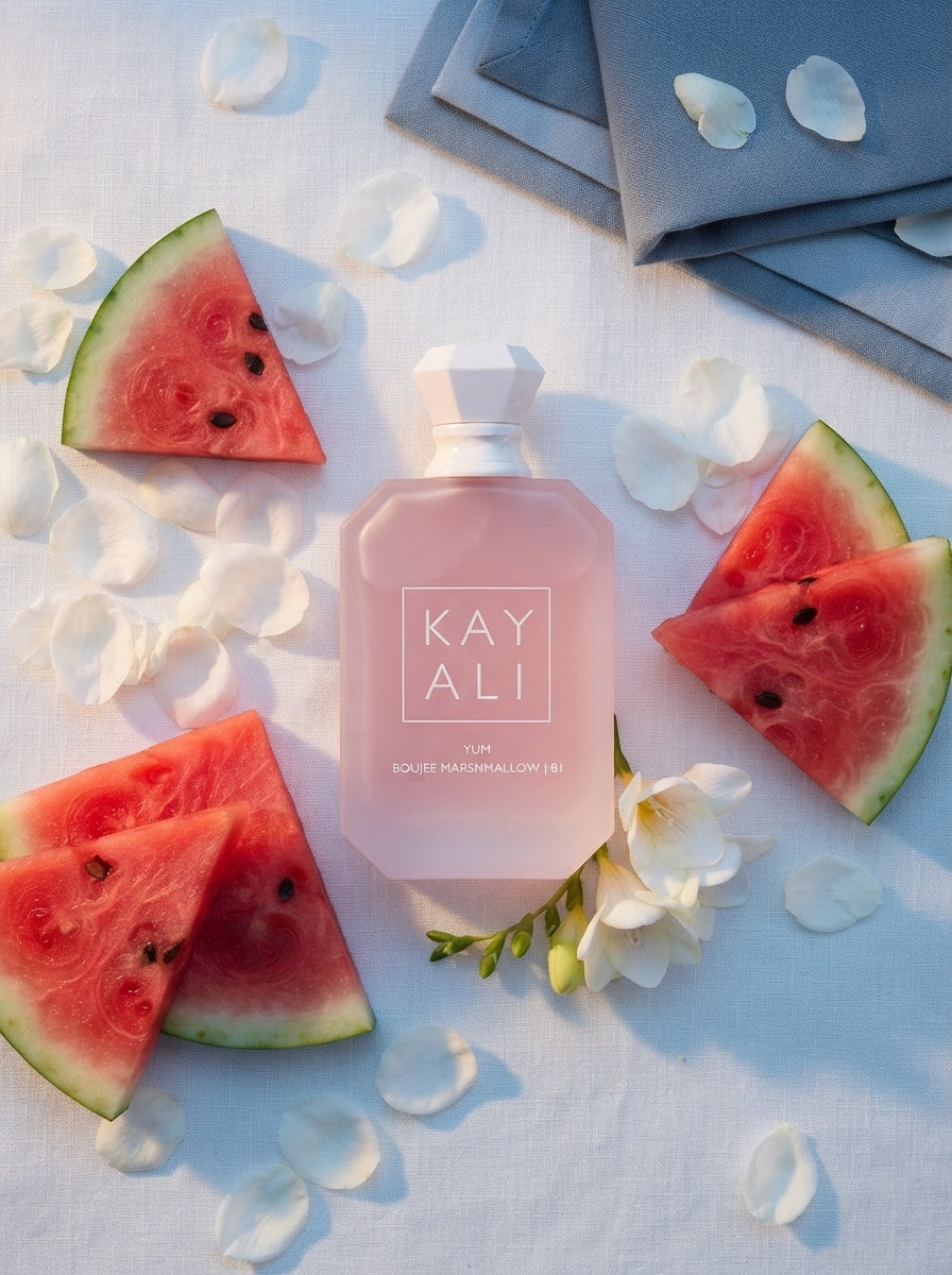 Kayali Intense perfume bottle displayed on a white surface with fresh watermelon slices and white flower petals.